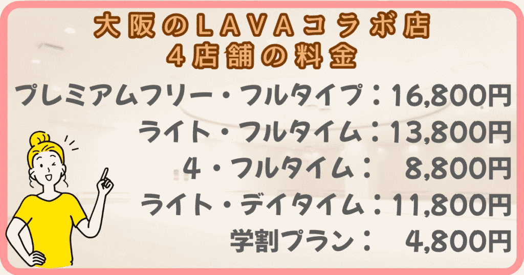 LAVA天王寺・上本町・なんば・枚方駅前 料金表