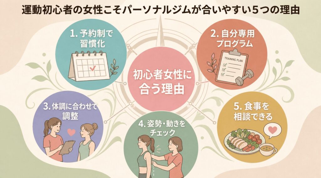 運動初心者　女性　パーソナルジムが合いやすい5つの理由　図解